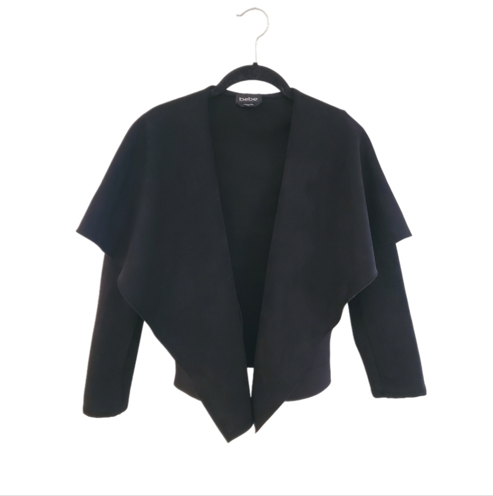 Bebe Women's Black‎ Faux Suede Drape Open Front Jacket Small